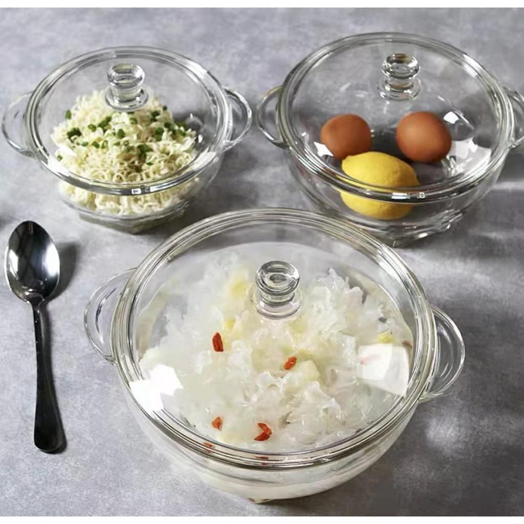 Dyomnizy Microwave Oven Safe Serving Bowl With Lid, Tempered Glass, For Rice And Boiling Food, 1000 Ml, Set Of 3